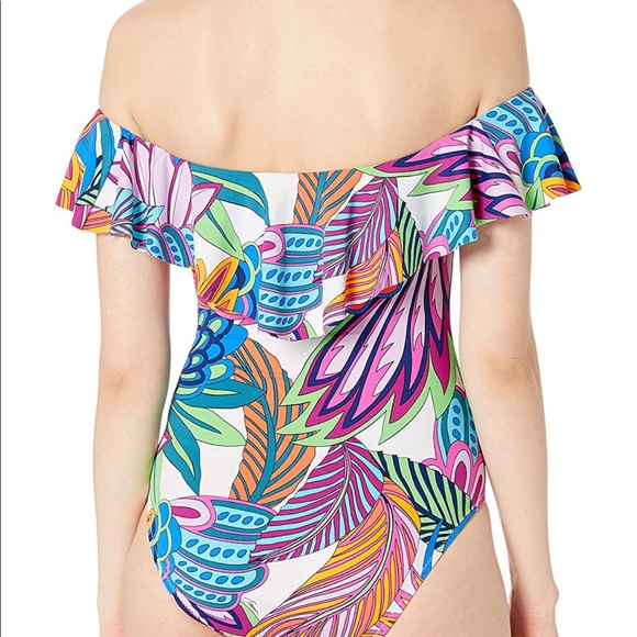 Trina Turk Paradise Plume off shoulder bathing suit one piece size 4 green blue - Picture 2 of 8